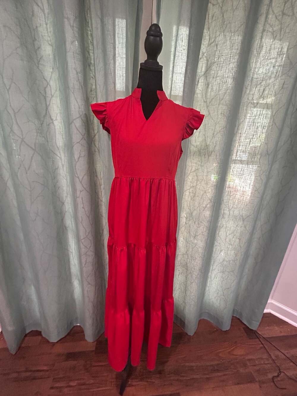 SHEIN Red Mock Neck Ruffle Cap Sleeve Tiered Maxi Dress